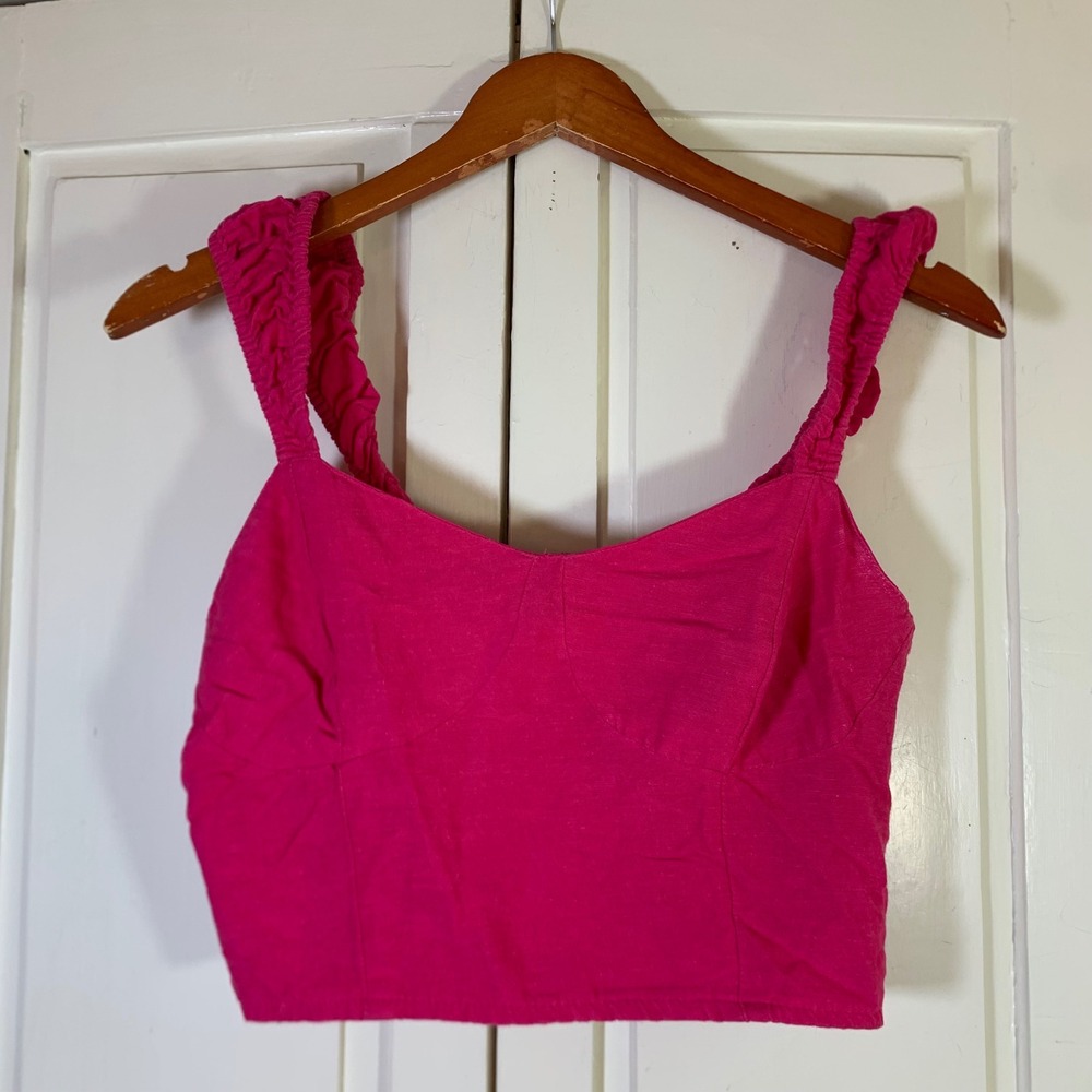 Japna Hot Pink Ruffled Strap Smocked Back Crop Top Large Cotton Linen Resortwear
